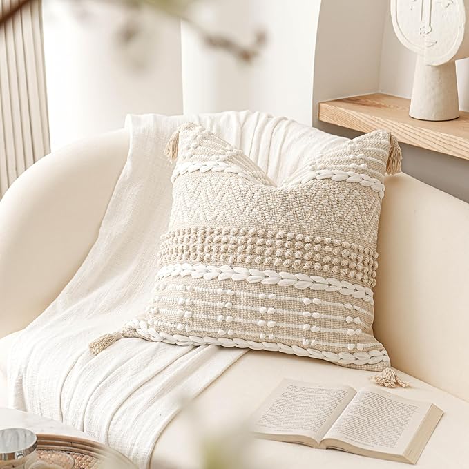 Boho Throw Pillow Cover 22X22, Large Decorative Accent Pillow for Couch, Square Woven Textured Pillowcase, Modern Boho Pillow for Bed, Bohemian Pillow Cover, Cream White (Pack of 1)