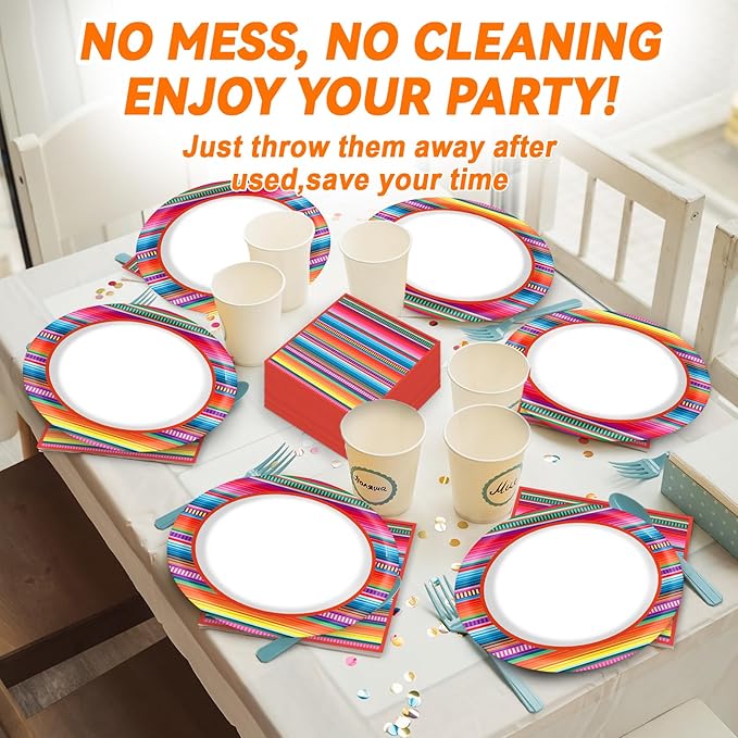 Mexican Fiesta Party Oval Paper Plates 11inch Plates and Napkins, Mexico Stripes Dish Tray for Dance Pinata Taco Party Colorful Ponchos Supplies Picnic Tableware Decor, 25 Guest