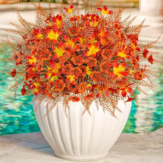 64Pcs Fall Flowers Outdoor Faux Fall Flowers Plants UV Resistant Autumn Artificial Plastic Flowers Greenery Fall Decoration for Outside Home Porch Patio Thanksgiving Decoration