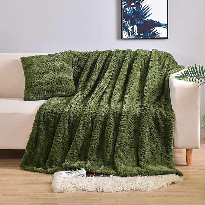 YUSOKI Luxury Faux Fur Throw Blanket(Without Pillows) 2 Layers,3lb,All Ages,Home Decoration, (Olive Green,50" x 63")