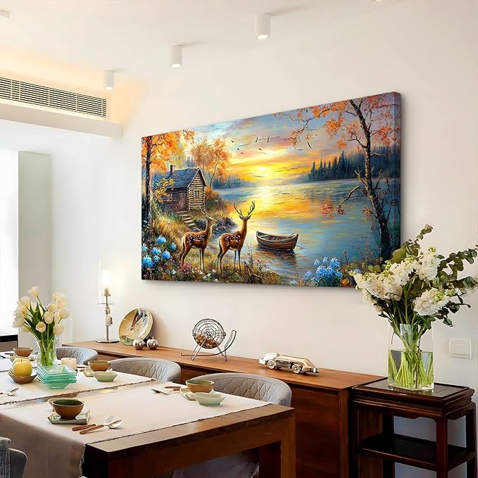 crmotu Autumn Landscape Wall Art, Elk Deer Animal Extra Large Canvas Painting, Lake Boat Sunset Scenery Art Prints, Forest Cottage Rustic Farmhouse Wall Decor Living Room Bedroom Dining Room 30X60 In