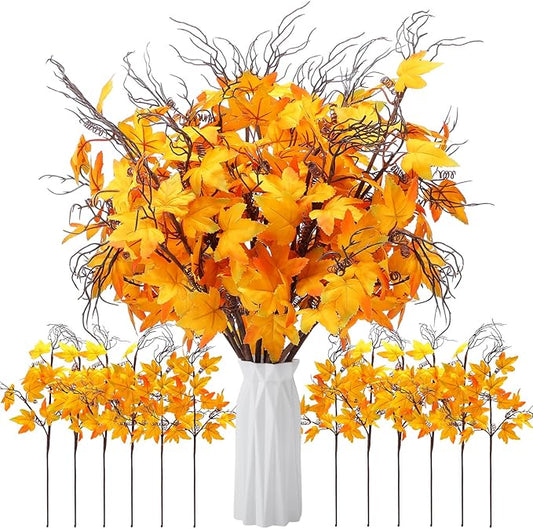 12 Pcs 19.7 Inch Artificial Fall Flowers Orange Fall Fake Maple Leaf Floral Stems Autumn Floral Picks Thanksgiving Harvest Centerpieces Decorations for Home Indoor Vase Arrangement Decor