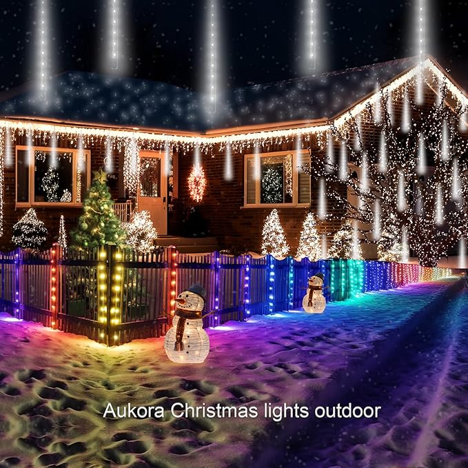 Aukora White Christmas Lights Outdoor, UL Plug 24 Tubes 576 LEDs Meteor Shower Light, Tandemable Icicle Snow Falling Rain Light for Xmas Tree Halloween Decorations Wedding Party Holiday Garden Decor