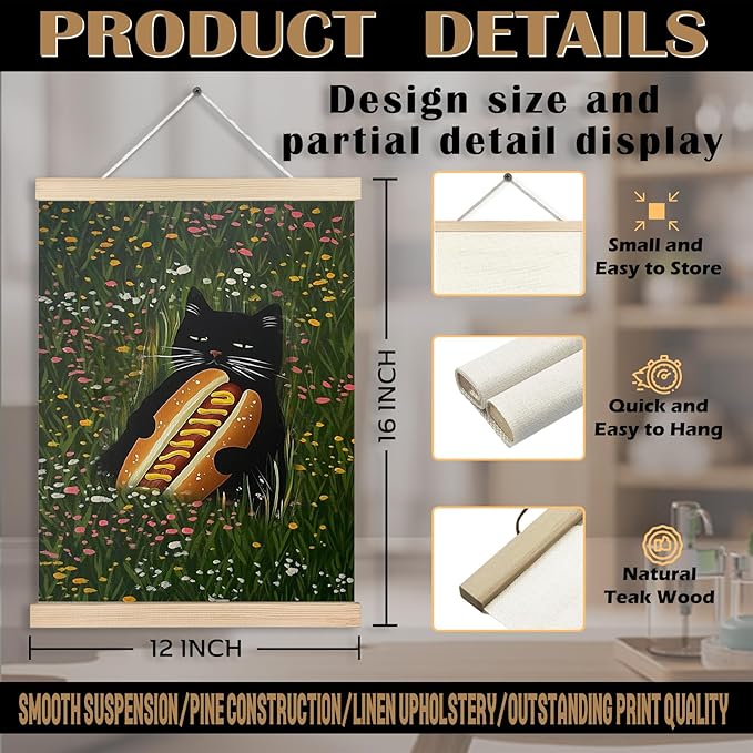 Floral Black Cat Wall Art Poster, Cat Room Home Decor, Colorful Wildflowers Black Cat with Hot Dog Canvas Wall Art Prints for Home Office, 12x16 Inches