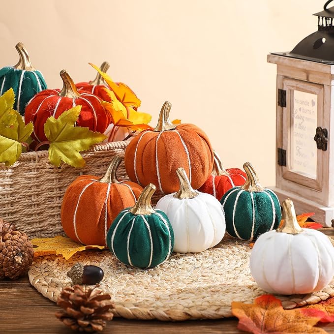 Weysat 12 Pcs Fall Velvet Pumpkins Decorations, 4 Sizes Artificial Pumpkins Table Centerpiece Fake Pumpkin Decor for Thanksgiving Autumn Wedding Farmhouse and Home Decor(Vintage)