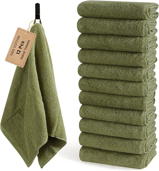 SEMAXE 12 Pack Hand Towels for Bathroom, 100% Cotton Towels with Hanging Loops, Soft and Highly Absorbent, Hand Towel Set for Gym, Shower, Hotel, Spa and Kitchen, Green