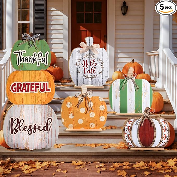 Bucherry 5 Set Fall Porch Decoration Pumpkin Wood Porch Standings Thankful Grateful Blessed Hello Fall Welcome Sign Decor with Base for Thanksgiving Festival Home Front Door Garden(Orange Style)