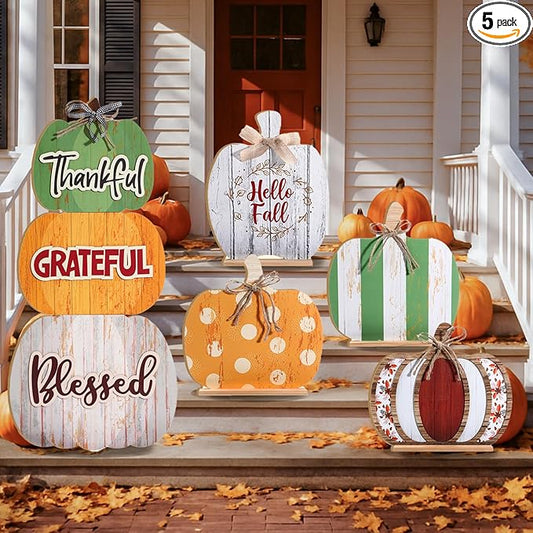 Bucherry 5 Set Fall Porch Decoration Pumpkin Wood Porch Standings Thankful Grateful Blessed Hello Fall Welcome Sign Decor with Base for Thanksgiving Festival Home Front Door Garden(Orange Style)