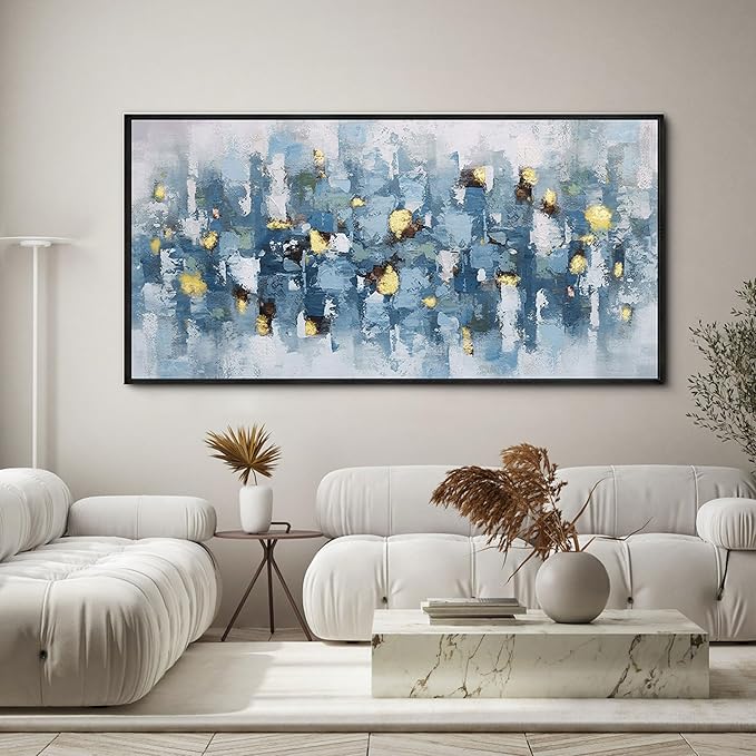 KLAKLA Blue and White Abstract Wall Art - Living Room Wall Decor Gold Picture Artwork for Walls Prints Paintings Framed Canvas Bedroom Office Guest Room Home Decoration 58x29 Inches