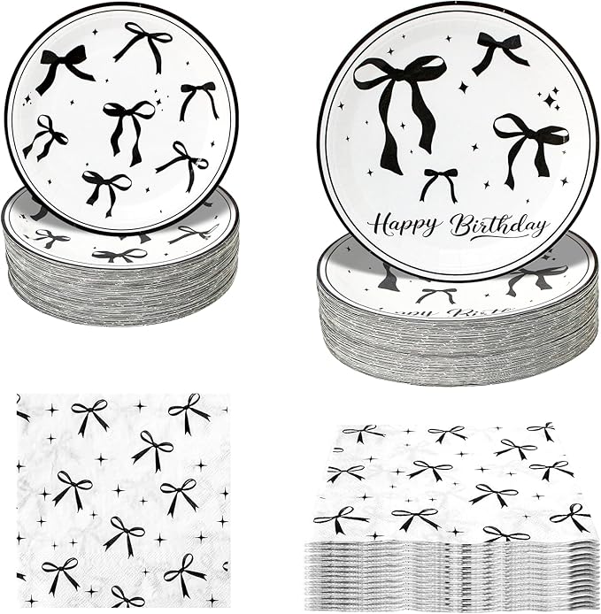 180Pcs Black Bow Birthday Party Supplies Paper Plates and Napkins Serve 60 Disposable Tableware Set for Birthday Party Decorations Game Day Family School Holiday Sports Events