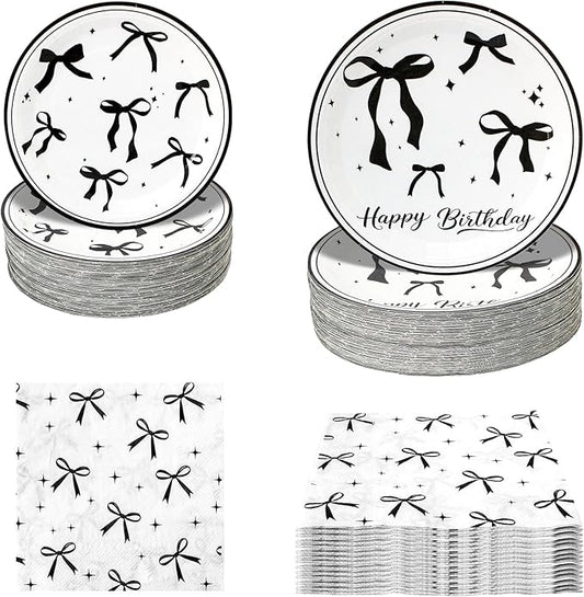 180Pcs Black Bow Birthday Party Supplies Paper Plates and Napkins Serve 60 Disposable Tableware Set for Birthday Party Decorations Game Day Family School Holiday Sports Events