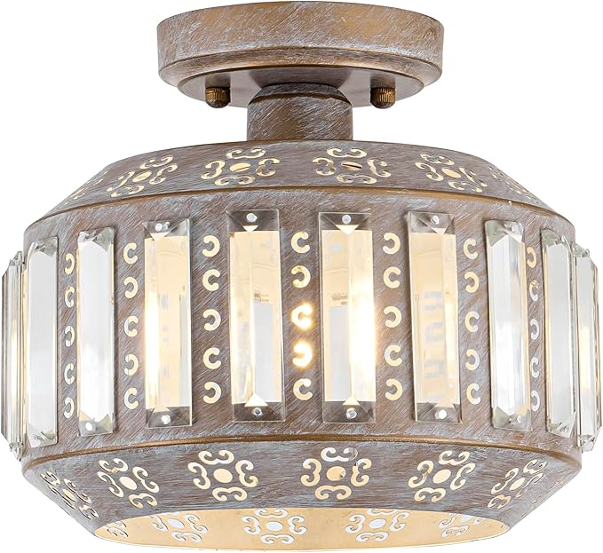 Rustic Crystal Ceiling Light, Semi Flush Mount Ceiling Light in Vintage Brass Finish, Modern Light Fixture for Bedroom, Hallway, Entryway, or Living Room