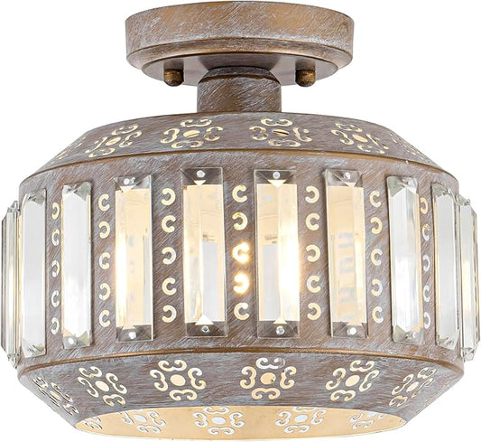 Rustic Crystal Ceiling Light, Semi Flush Mount Ceiling Light in Vintage Brass Finish, Modern Light Fixture for Bedroom, Hallway, Entryway, or Living Room