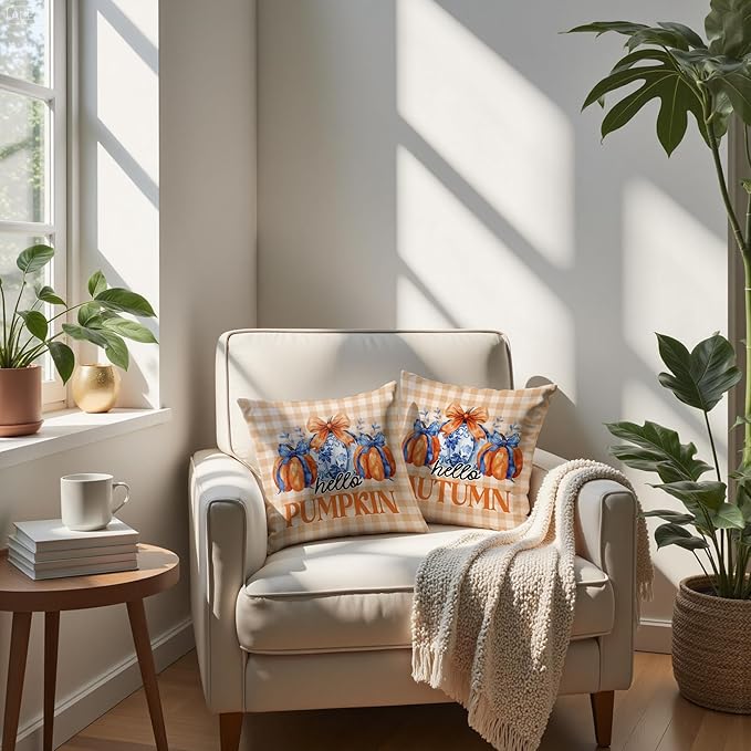 Chinoiserie Fall Pumpkin Pillow Covers 18x18 Set of 2,Autumn Decor,Blue and White Orange Chinoiserie Pumpkin Decorative Throw Pillow Covers for Home Bedroom Living Room