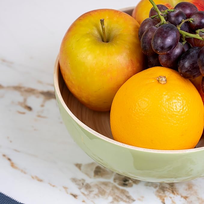 PEMAR 8" Lacquer Bamboo Fruit Bowl for Kitchen Counter, Handmade Large Decorative Pedestal Bowl for Entryway Table Home Decor, Key Bread Candy Snacks Organizer (Matcha Latte)