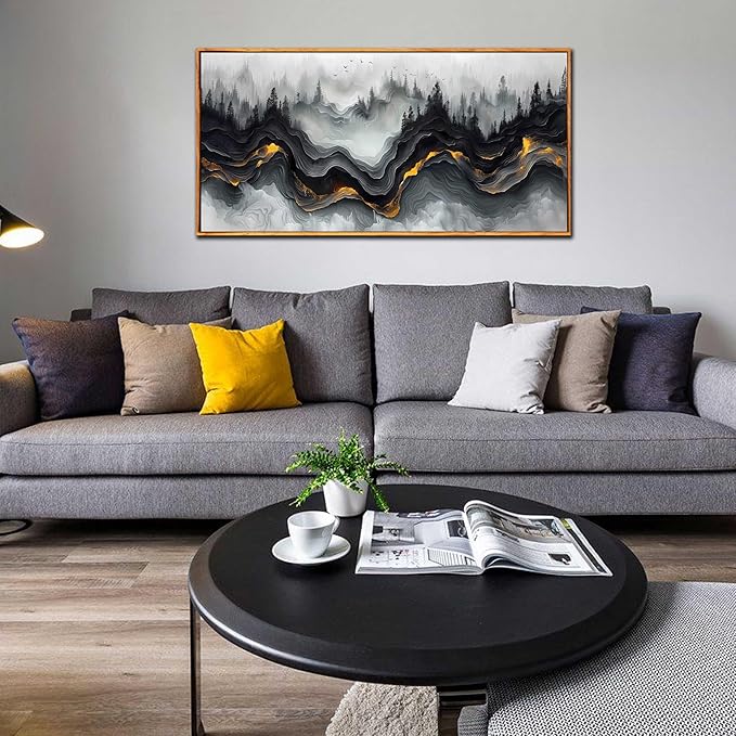 Ouzzlie Black and White Wall Art Forest Wall Decor Abstract Artwork Mountain Canvas Pictures for Living Room Bedroom 24" x 48"