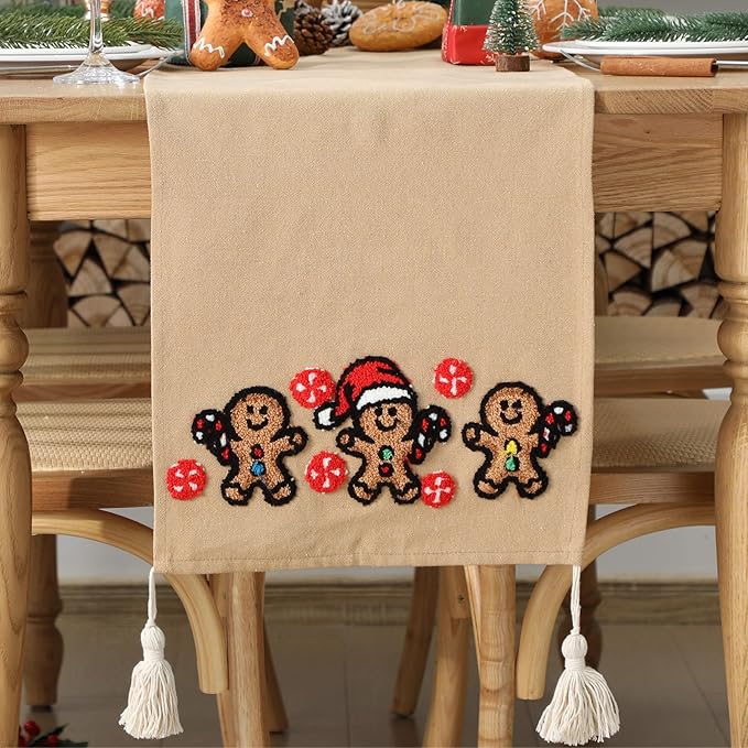 Breling Christmas Gingerbread Man Table Runner Jacquard Christmas Gingerbread Man Table Runner Winter Xmas Holiday Kitchen Dining Decoration for Home Winter Holiday Kitchen Decor 13x72 Inch (Brown)