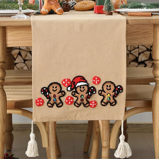 Breling Christmas Gingerbread Man Table Runner Jacquard Christmas Gingerbread Man Table Runner Winter Xmas Holiday Kitchen Dining Decoration for Home Winter Holiday Kitchen Decor 13x72 Inch (Brown)