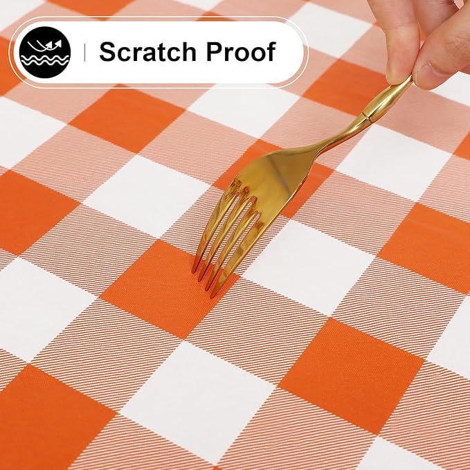 misaya Rectangle Waterproof Vinyl Table Cloth, Buffalo Flannel Backed Tablecloth, Wipeable Plastic Table Cover for Fall, Thanksgiving (60" x 102", Orange and White)