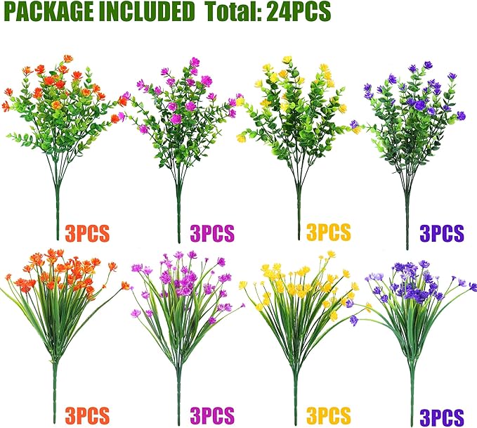 Sggvecsy Artificial Flowers for Outdoors 24 Bundles UV Resistant Boxwood Shrubs Artificial Eucalyptus Fake Plants Faux Plastic Greenery for Farmhouse Garden Home Indoor Outdoor Decoration（Mixed）