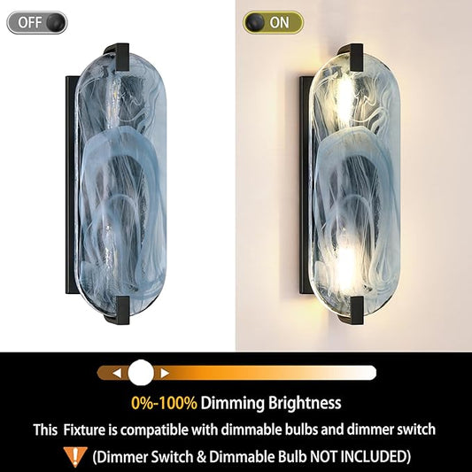 2 Pack 2 Light Oval Blue Glass Bathroom Wall Sconce Modern Concise Style Wall Light Fixture,Black Finish for Bedroom Hallway Bedside