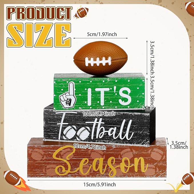Geelin 4 Pcs Football Table Decorations Fall Football Tiered Tray Decor Wooden Sign Centerpiece Decorative Faux Book Stack Block for Coffee Table Fireplace Mantel Floating Shelf
