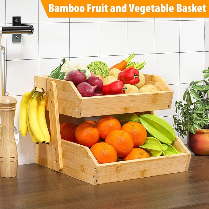 Bamboo Fruit Basket for Kitchen–2 Tier Fruit Bowl For Kitchen Counter, Large Fruit Holder With 2 Banana Hangers, Idea For Fruit and Vegetable Storage, Bread Basket, Snack Organizer(BAMBOO)