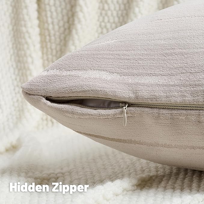 FUTEI Beige Chenille Decorative Throw Pillow Covers 22x22 Inch Set of 2,Soft Embossed Striped Textured Cushion Case,Modern Home Decor for Couch Bed Living Room