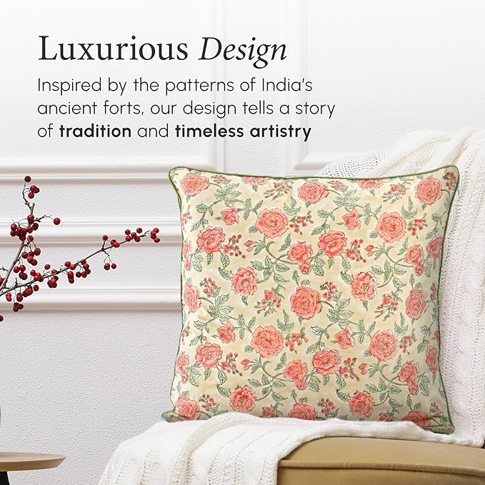 CPC 100% Cotton Throw Pillow Covers 24x24 Inch, Set of 2 Orange Block Print Pattern Couch Pillow, Cute Boho Decorative Pillows for Living Room, Bedroom with Hidden Zipper- Fire Opal