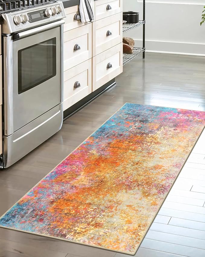 Lahome Modern Abstract Runner Rug - 2x4.3 Colorful Kitchen Long Bathroom Rugs Non Skid Laundry Room Mat, Rainbow Slip Machine Washable Carpet for Bedroom Entryway Doorway 2' x 4.3'