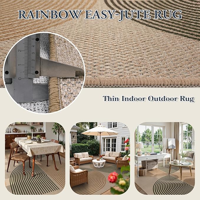 Lahome Modern Rainbow Easy Jute Rug, 8x10 Living Room & Outdoor Patio Area Rug, Contemporary Dining Room Non Slip Non Shedding Carpet for Bedroom & Backyard