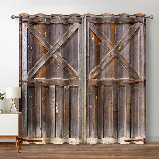Jekeno Rustic Wooden Barn Door Blackout Curtains Vintage Farmhouse Wood Countryside Decor Sunlight Blocking Drapes Home Bedroom Living Room Grommet Window Drapes 2 Panel Set, 52"x84"
