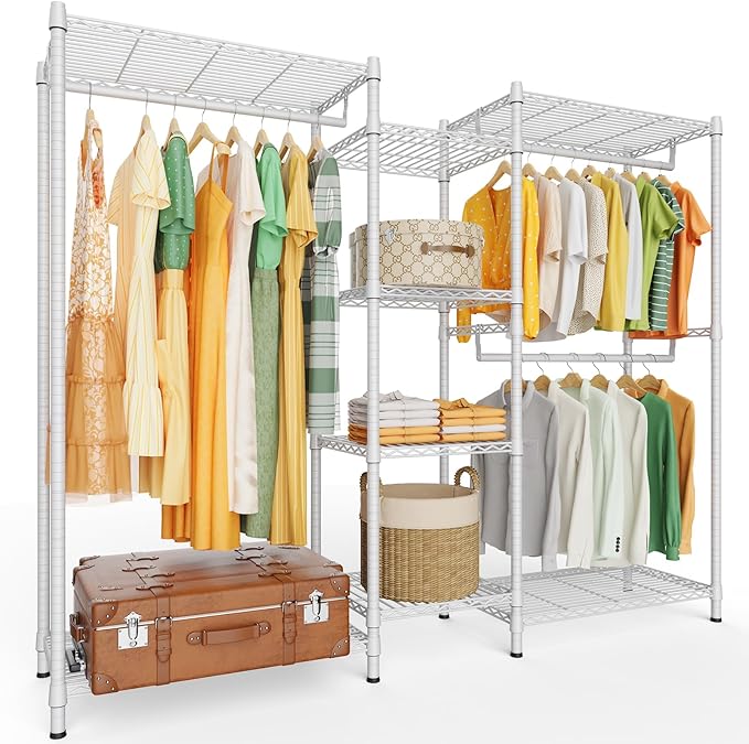 LEHOM G6 Wire Garment Rack Heavy Duty Clothes Rack Compact Large Size Armoire Storage Rack Freestanding Metal Clothing Rack Closet Wardrobe with 3 Hanger Rod and 4 Large Shelves 4 Small Shelves, White