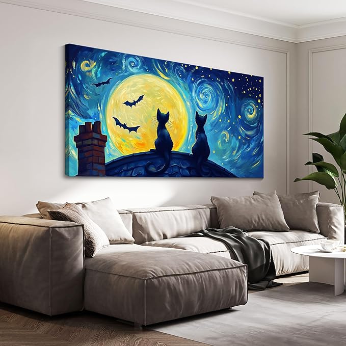 CHATYOUNG Large Living Room Wall Art, Abstract Starry Night Cat Animal Canvas Prints Dark Blue Wall Pictures Ready to Hang Bedroom Kitchen Hallway Home Office Artwork Painting Decor 29x58 IN