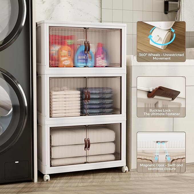 Jalove 88QT Plastic Storage Bins with lids, Stackable Collapsible Storage Containers with Wheels, Closet Organizer and Storage Drawers, Clothes Storage Cabinet for Home Office Garage, 3 Pack White