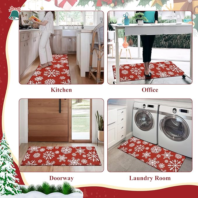 SHACOS Christmas Kitchen Rugs Set of 2 Anti-Fatigue Kitchen Mats Cushioned Red Christmas Kitchen Rugs White Snow Farmhouse Kitchen Mats and Rugs for Xmas 17x27.5+17x47, Snowflakes