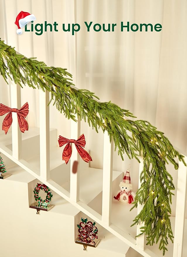 Brightown Pre-lit Christmas Garland with Lights, 6 Feet 20 LED Lighted Green Pine Leaves Garland Decorated, Battery Operated, Indoor & Outdoor Christmas Lights for Mantle Fireplace Stairs Wall Door