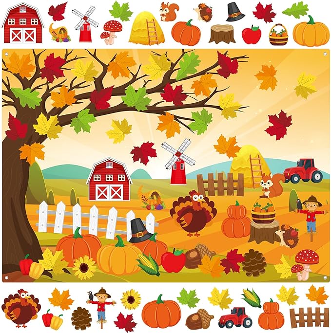 Fall Felt Story Board Set 3.4FT 55 Pcs Autumn Wall Activity Board Thanksgiving DIY Craft Wall Decor Pumpkin Turkey Flannel Storytelling Ornaments for Autumn Harvest Gift (55, Fall)