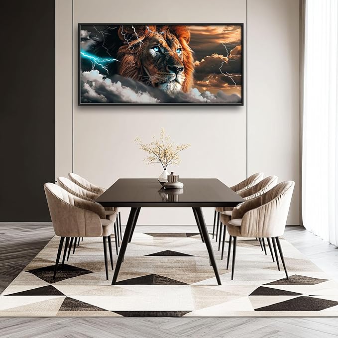 Abstract Lion Large Framed Wall Art Cool Lion Lightning Pictures Oversized Rustic Wild Animal Wall Decor Canvas Print Painting Aesthetic Modern Artwork for Living Room Bedroom Office Bathroom Home Decor 60L"x30W"
