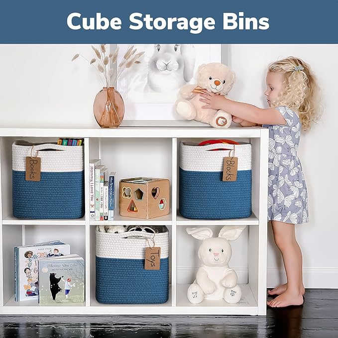 INDRESSME 11x11 Cube Storage Bins, 3-Pack Woven Baskets for Shelves Kids Toy Bins Bathroom and Playroom Basket Organizer, Nursery Laundry Basket, White & Blue
