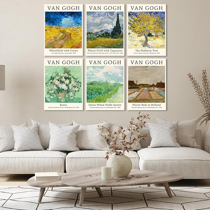 COSCTOR Set of 6 Vincent Van Gogh Wall Art Decor Canvas Vintage Retro Famous Artist Colorful Posters and Prints for Living Room Bathroom Bedroom Hallway Kitchen (Framed, 12x16)