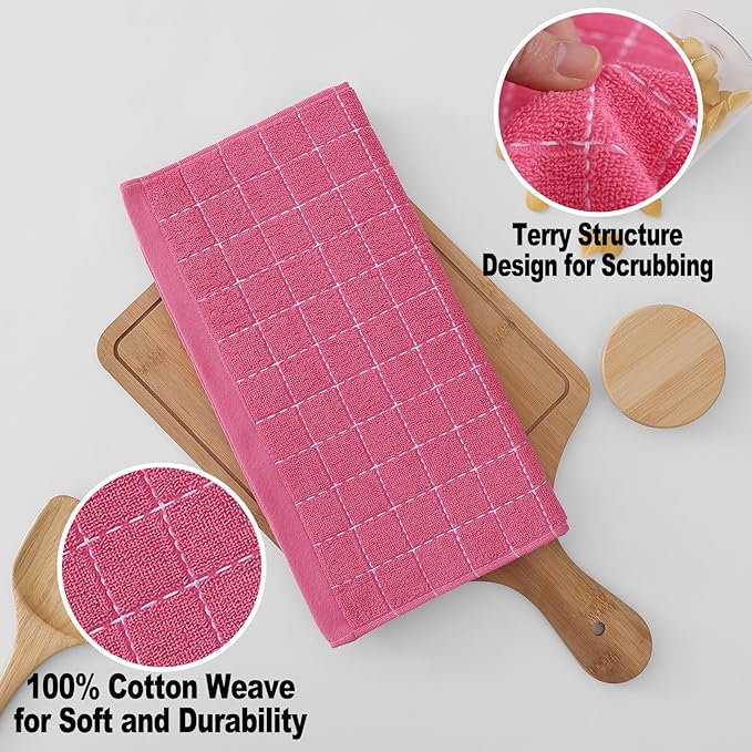 Homaxy 100% Cotton Terry Kitchen Dish Cloths, Ultra Soft and Absorbent Dish Towels for Kitchen, Suitable for Drying and Washing Dishes, 6 Pack, 12 x 12 Inches, Rose Red