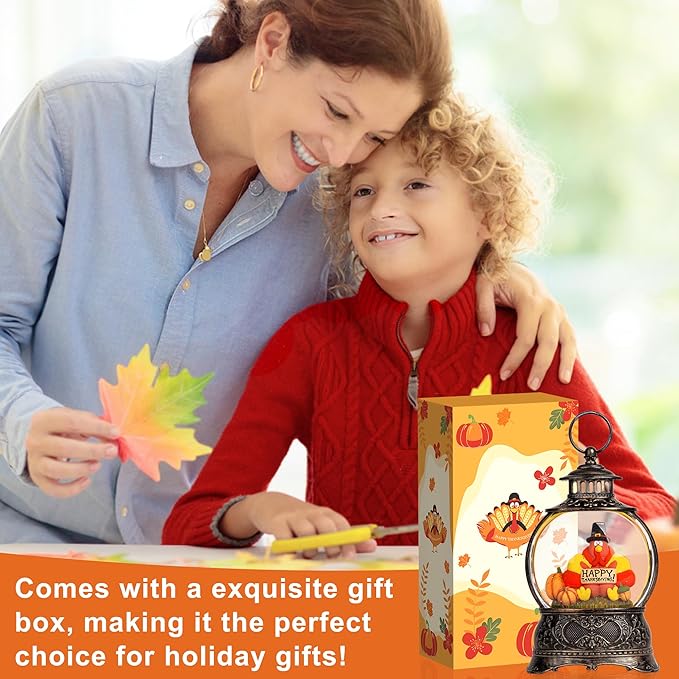 Fall Decor Turkeys Snow Globe Lantern, Thanksgiving Decoration Indoor Tabletop Centerpiece, Swirling Glitter Pumpkins Snow Globe with Turkey, Harvest Day Gifts, Home Fall Halloween Decor