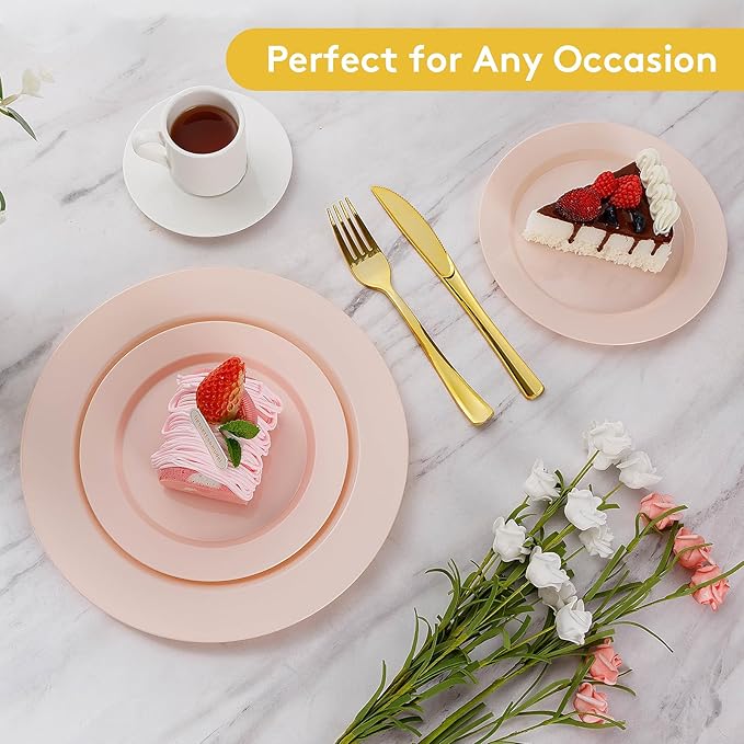 Goodluck 200PCS Disposable Pink Plastic Plates, Heavy Duty Disposable with 100 10.25 inch and 100 7.5 inch Dessert Plates for Party, Wedding, Baby Shower, Valentines