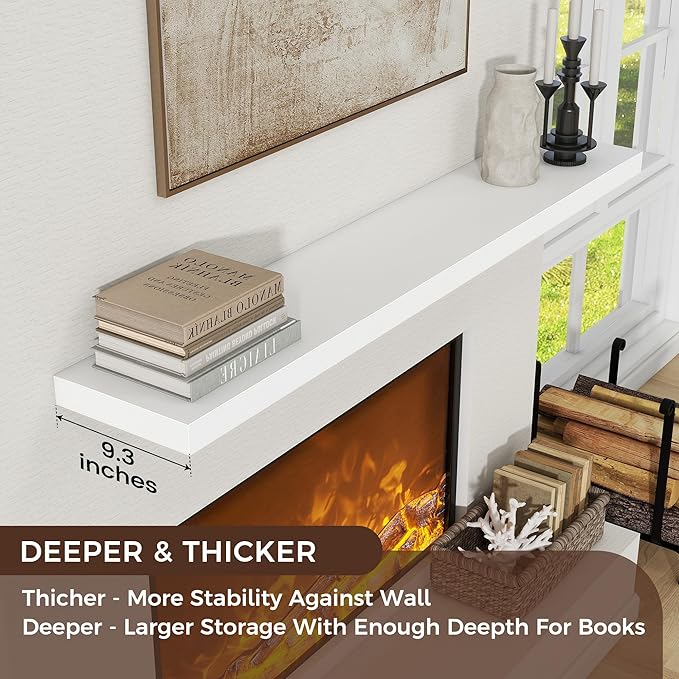 Floating Shelves for Wall, Large Wall Mounted Shelves with Invisible Brackets, Long Wood Floating Shelf for Living Room, Bedroom, Kitchen, (White, 72" W x 9" D x 1.5" H)