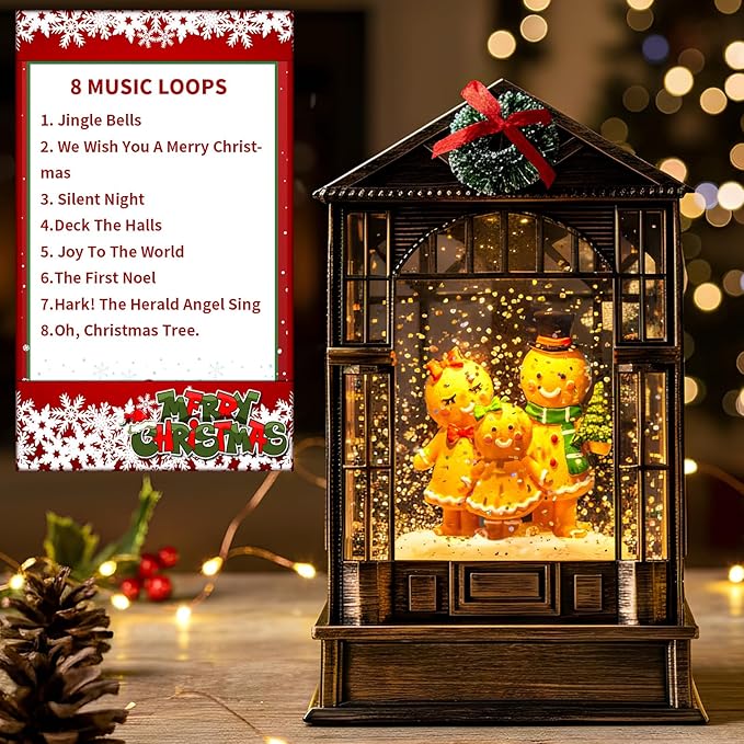 Christmas Snow Globe, Lighted Gingerbread Man Family Scene, Musical Snow Water Lantern Swirling Glittering Holiday Decoration and Gift for Family Children or Friends