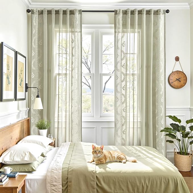 jinchan Belrose Sage Green Floral Sheer Curtains for Living Room 96 Inch Long Voile Embroidered Farmhouse Curtains for Bedroom Ivory Flower Patterned Rod Pocket Window Treatments, 2 Panels Green