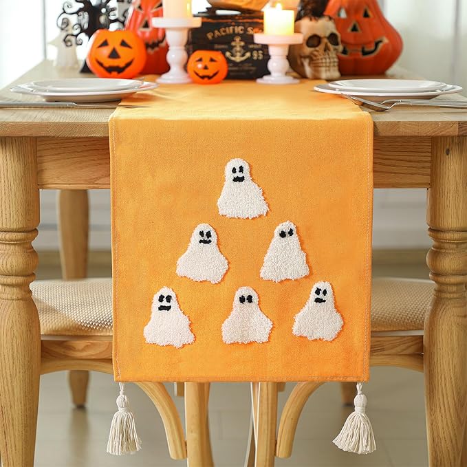 Breling Halloween Ghost Table Runner Jacquard Cute Ghost Halloween Dinner Table Runner Fall Autumn Kitchen Dining Decoration for Kitchen Farmhouse Holiday Party Home Decor 13x72 Inch(Orange)