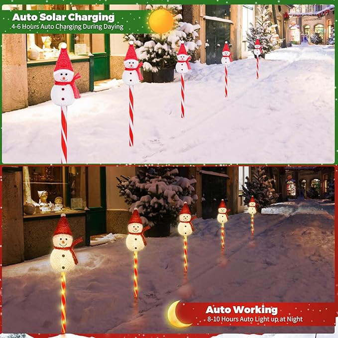 Set of 3 Snowman Solar Christmas Decorations, 8 Modes Solar Garden Lights, Candy Cane Christmas Stake Light, Outdoor Xmas Decor for Yard, Patio, Pathway (Warm White)