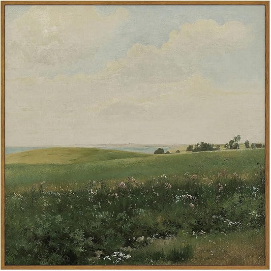 InSimSea Square Framed Canvas Wall Art, Large Decor Vintage Grassland Paintings, Field Scenery Wall Pictures for Bedroom Bathroom, Canvas Prints Artwork, Vintage Farmhouse Decor 20"x20"